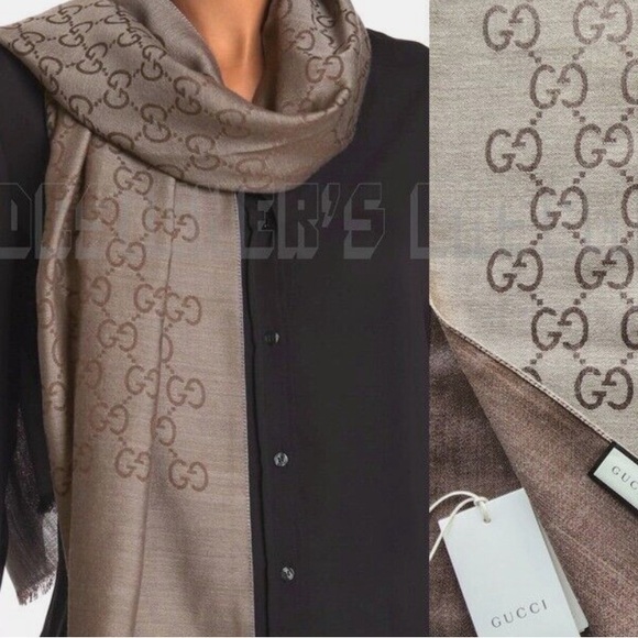 NWT GUCCI GG LOGO MONOGRAMMED WOOL AND SILK SCARF BROWN - Picture 4 of 4